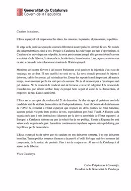 Comunicat d'Carles  Puigdemont sobre l'empresonament de sobiranistes