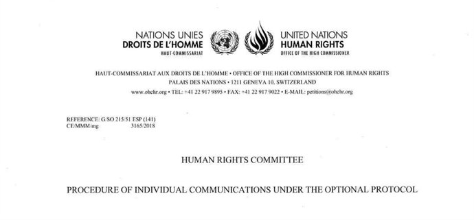 Cabecera de la carta de la ONU admitiendo a trámite la demanda de Puigdemont