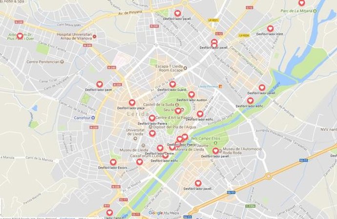 Mapa de los 43 desfibriladores instalados en Lleida