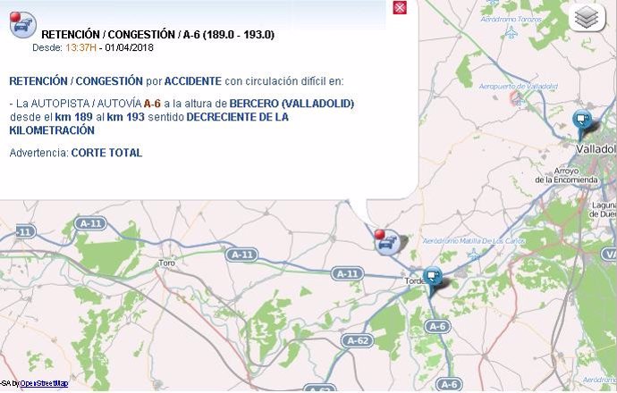 Mapa descriptivo del punto del accidente en la A-6