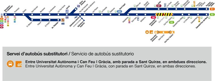 Plànol de FGC indicant la interrupció entre la UAB i Can Feu-Gràcia