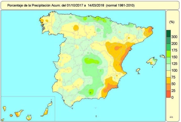 Mapa de lluvias acumuladas en España del 1 de octubre de 2017 al 14-3-2018