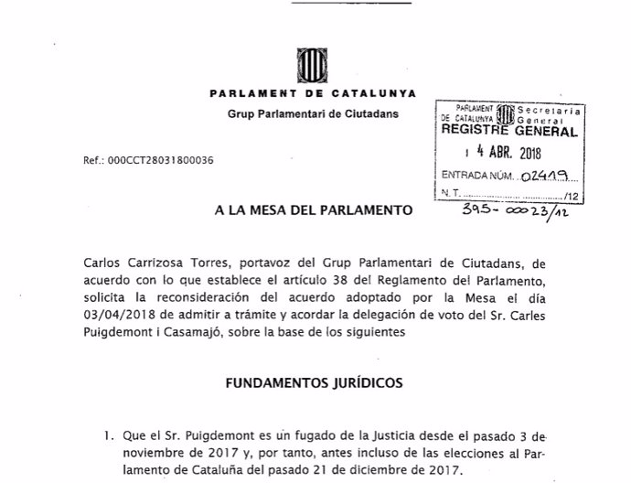 Petición de reconsideración de Cs a la delegación de voto de Puigdemont