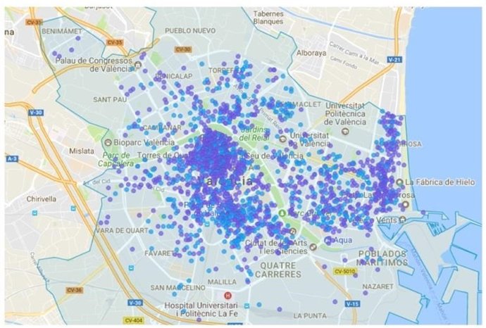 Mapa de la oferta de viviendas de Airbnb en Valencia