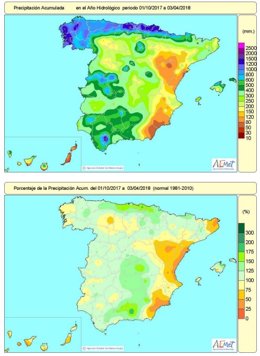 Lluvias acumuladas en España del 1-10-2017 al 3-04-2018