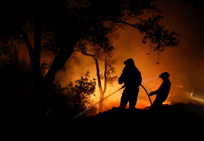 Firefighters work to extinguish flames from a forest fire in Cabanoes near Lousa