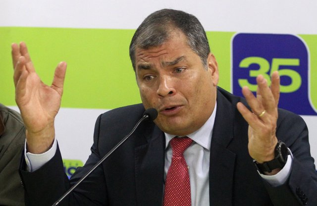 Ecuador's former president Rafael Correa talks to foreign media in Quito, Ecuado