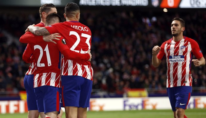 El Atlético de Madrid celebra un gol en la Europa League