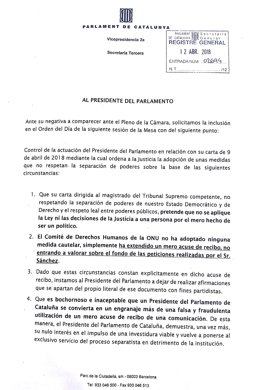 Carta dels membres de Cs en la Mesa del Parlament a Roger Torrent