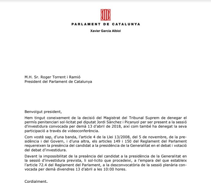 Albiol demana a Torrent que desconvoqui el ple després de la decisió del Suprem