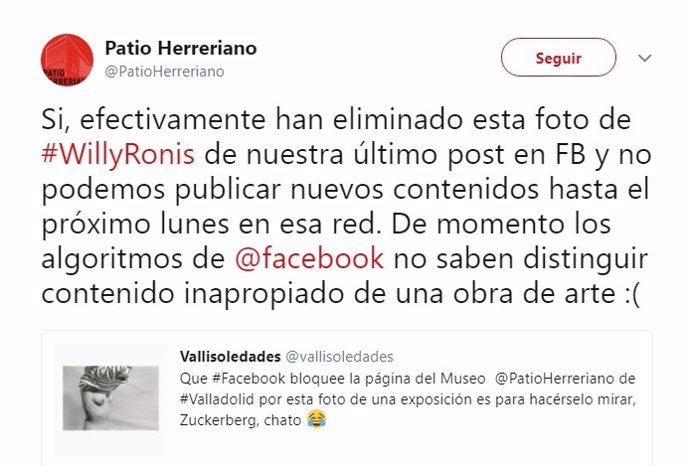 Captura del tuit en el que el Patio Herreriano explica la situación. 13-4-2018