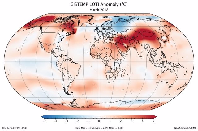 Anomalía de temperaturas en marzo de 2018