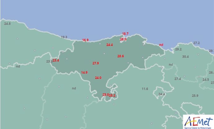 Mapa de las temperaturas en Cantabria. 18 de abril.
