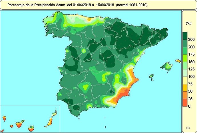 Mapa de precipitaciones en la primera quincena de abril. 18-4-2018