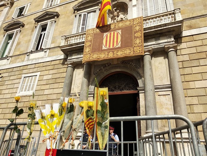 Llargues cues i roses grogues davant la Generalitat el dia de Sant Jordi