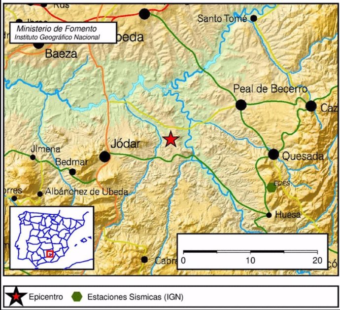 Localización del epicentro del terremoto registrado en Jódar (Jaén)