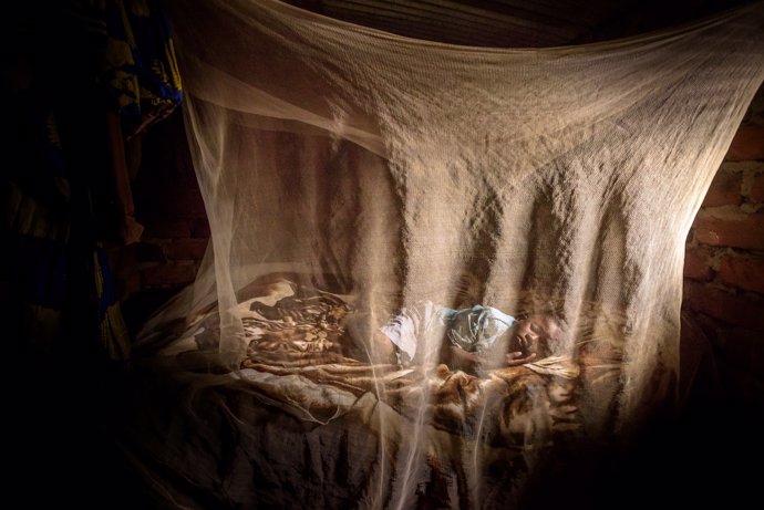 Un niño duerme bajo una mosquitera en Burundi