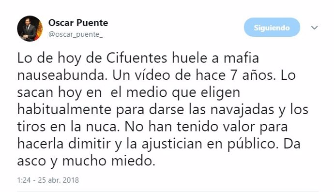 Tuit de Óscar Puente sobre la filtración del vídeo de Cristina Cifuentes. 25-4