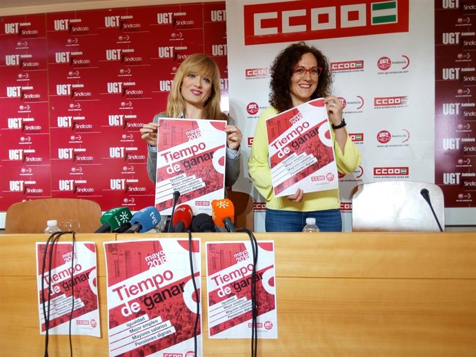 Carmen Castilla (UGT-A) y Nuria López (CCOO-A), en rueda de prensa por 1 de Mayo