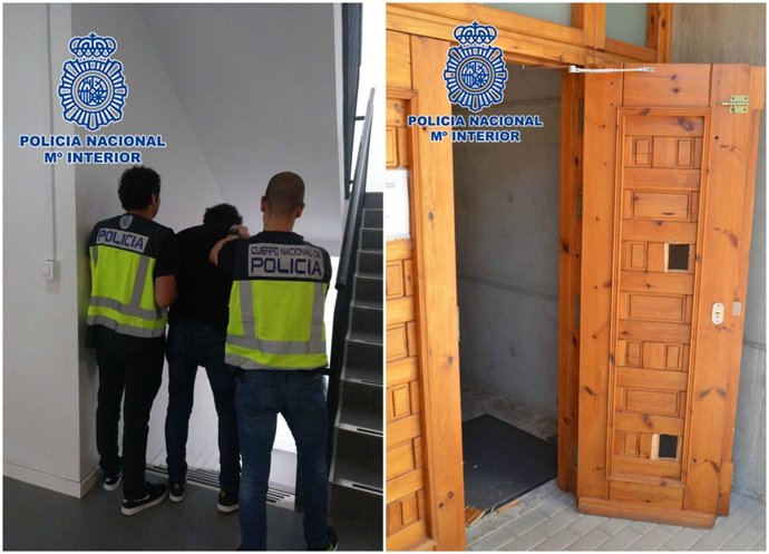 Imagen del detenido y de los daños provocados en la puerta de la Iglesia