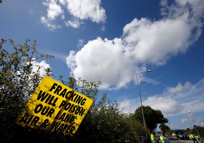 An anti-fracking sign is seen outside Cuadrilla's Preston New Road fracking site