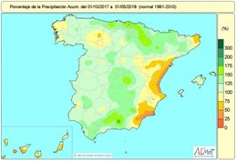Distribución de lluvias acumuladas en España hasta el 1 de mayo