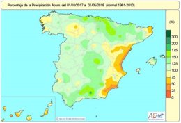 Distribución de lluvias acumuladas en España hasta el 1 de mayo