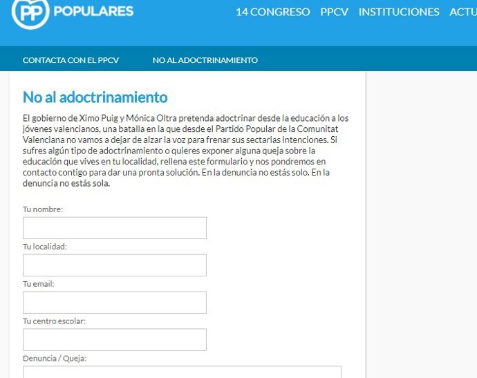 Plataforma del PPCV No al adoctrinamiento en las aulas
