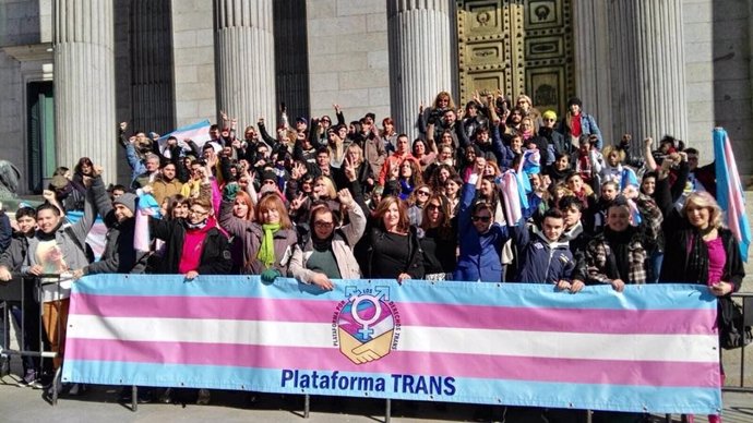 Miembros de la Plataforma Trans a las puertas del Congreso de los Diputados