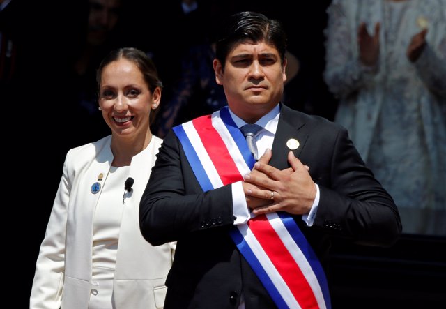 Costa Rica's President Carlos Alvarado Quesada acknowledges the audience after h