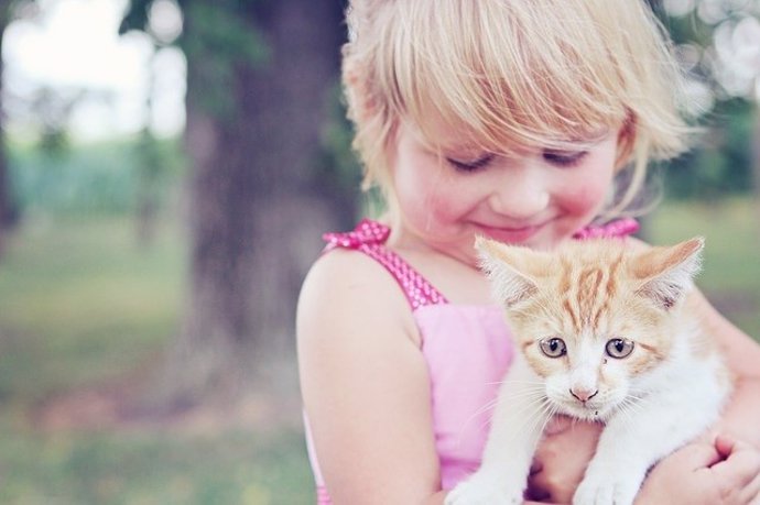 Niña en el campo con un gato, mascota