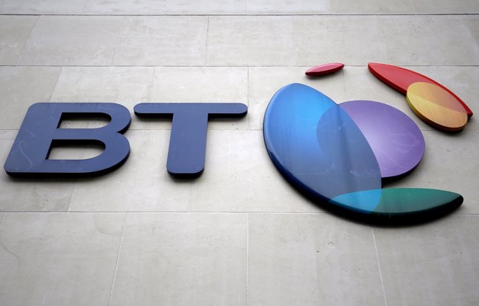 FILE PHOTO: A branded sign is displayed outside of a BT building in London, Brit