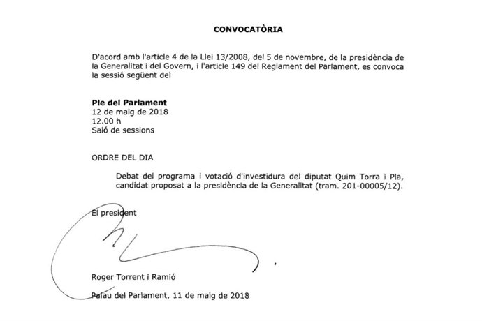 Torrent convoca el pleno de investidura de Quim Torra para el sábado