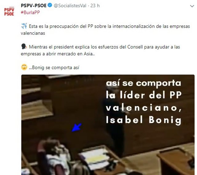 Tuit del PSPV criticando la actitud de Bonig
