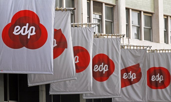 Banners bearing the logo of Energias de Portugal (EDP) are seen at the company h