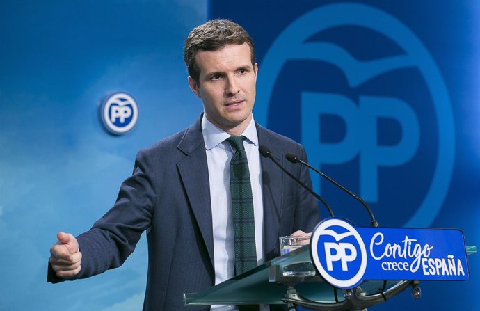 Rueda de prensa del vicesecretario de Comunición del PP, Pablo Casado