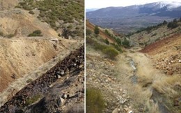Restos de una mina abandonada y agua que transporta elementos contaminantes