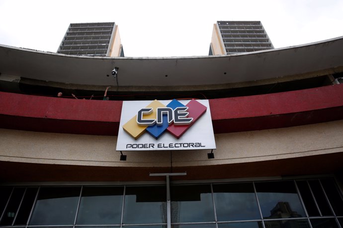 The logo of the National Electoral Council (CNE) is pictured at its headquarters