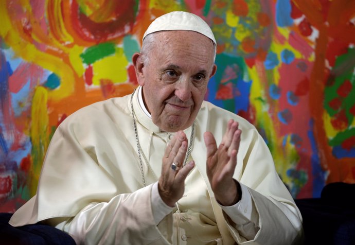Pope Francis gestures during a meeting at the Scholas Occurrentes organisation i