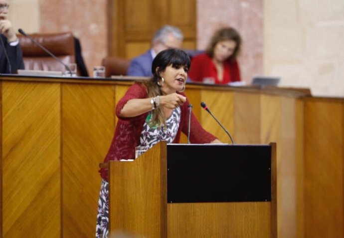 Teresa Rodríguez defendiendo la iniciativa en la tribuna