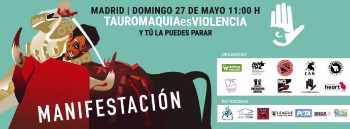 Cartel manifestación 27 mayo 2018 en Madrid contra la tauromaquia
