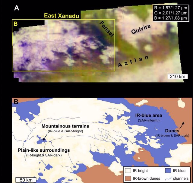 Imagen y mapa de Eastern Xanadu, en el ecuador de Titán