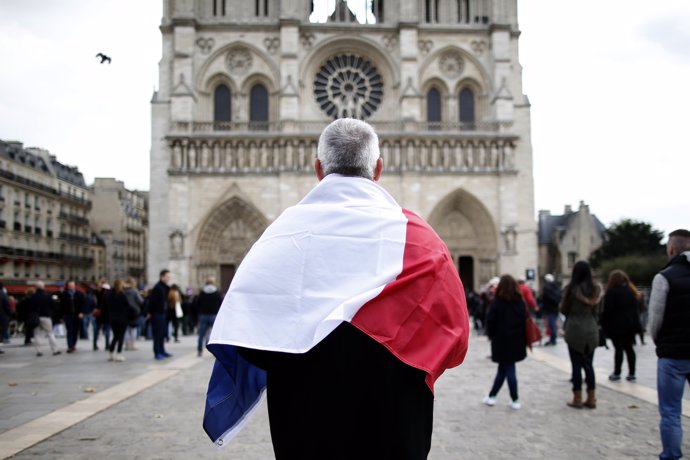 Un hombre con la bandera de Francia frente a la catedral de Notre Dame