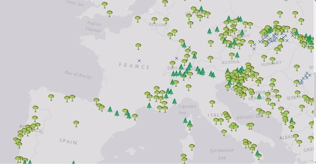 Detalle del mapa de bosques salvajes de Europa