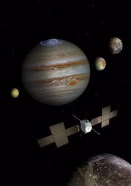 Concepción artística de la misión Juice y del sistema de Júpiter 