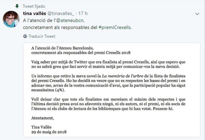 Tuit de Tina Vallès por el que deja de ser finalista del Premi Crexells