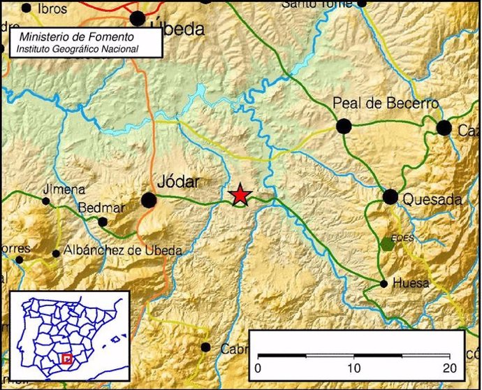 Epicentro del terremoto sentido en Jódar (Jaén)