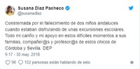 Susana Díaz expresa su consternación por la muerte de los dos niños andaluces durante excursiones escolares
