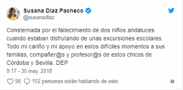 Susana Díaz expresa su consternación por la muerte de los dos niños