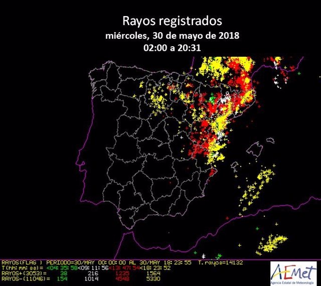 Mapa de rayos registrados este miércoles en España